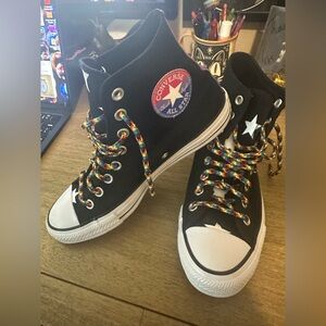 Converse Custom Black High Top Pride Sneakers with Multicolor Rainbow Laces